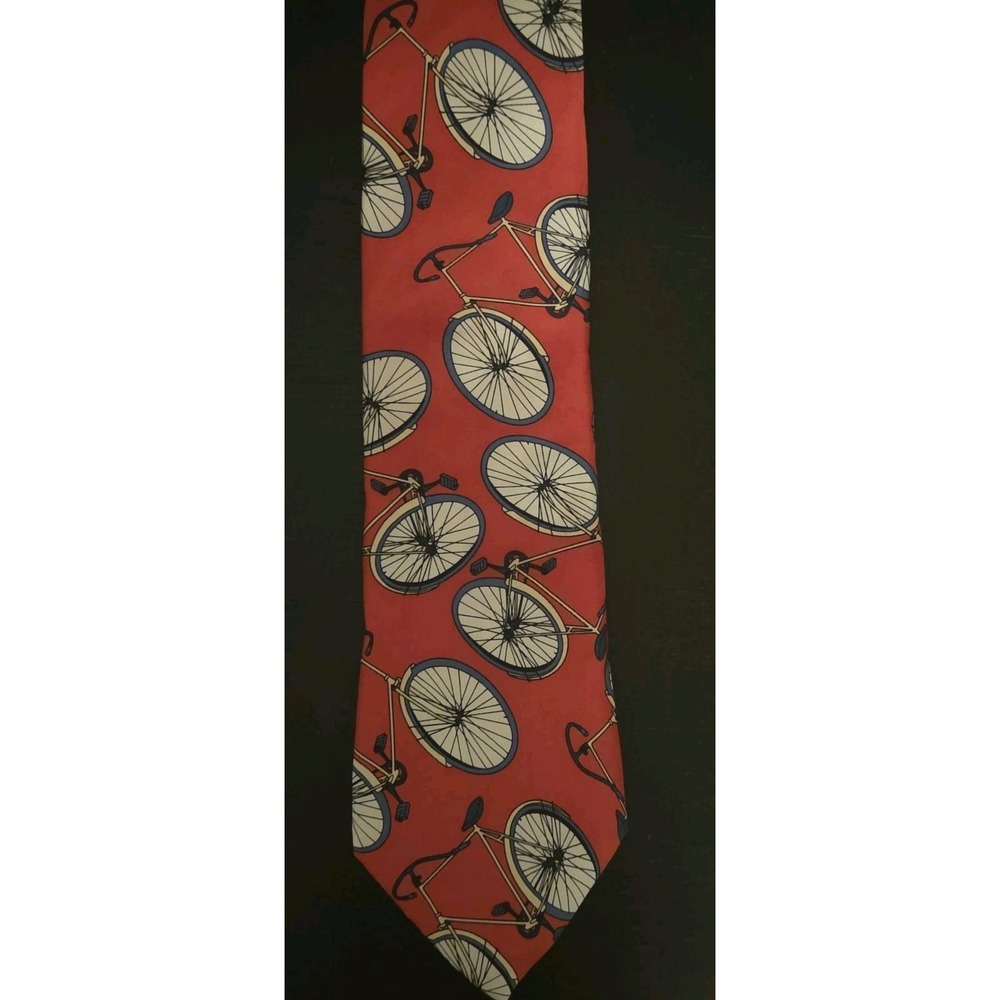 LANDS' END Mens Silk Necktie USA Made Vintage Touring  Bicycles  Red White Blue